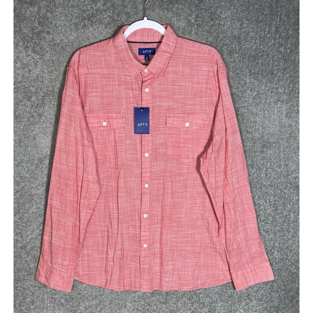 Apt 9 Button Up Shirt Mens Sz XL Red Houndstooth Cotton Pockets Long Sleeve New